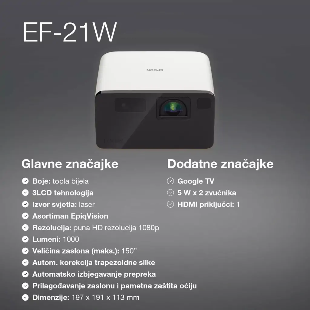 Projektor EPSON EF-21W FHD, WiFi, mini laserski projektor, 1.000 lumena, zaslon do 150 inča, Google TV™ i Bluetooth zvučnik, prijenosni