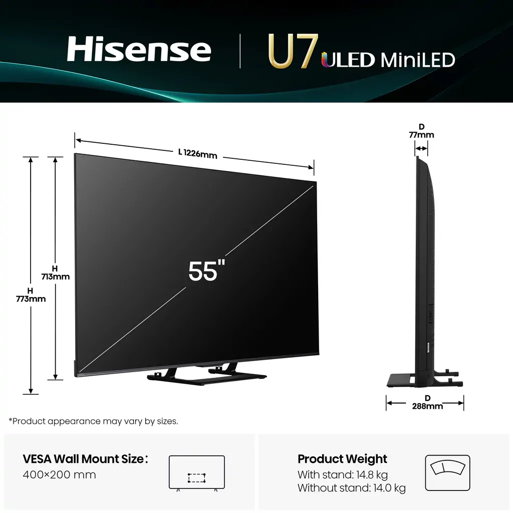 TV HISENSE 55U7Q, ULED-Mini LED, 55", 139cm, UHD, SMART