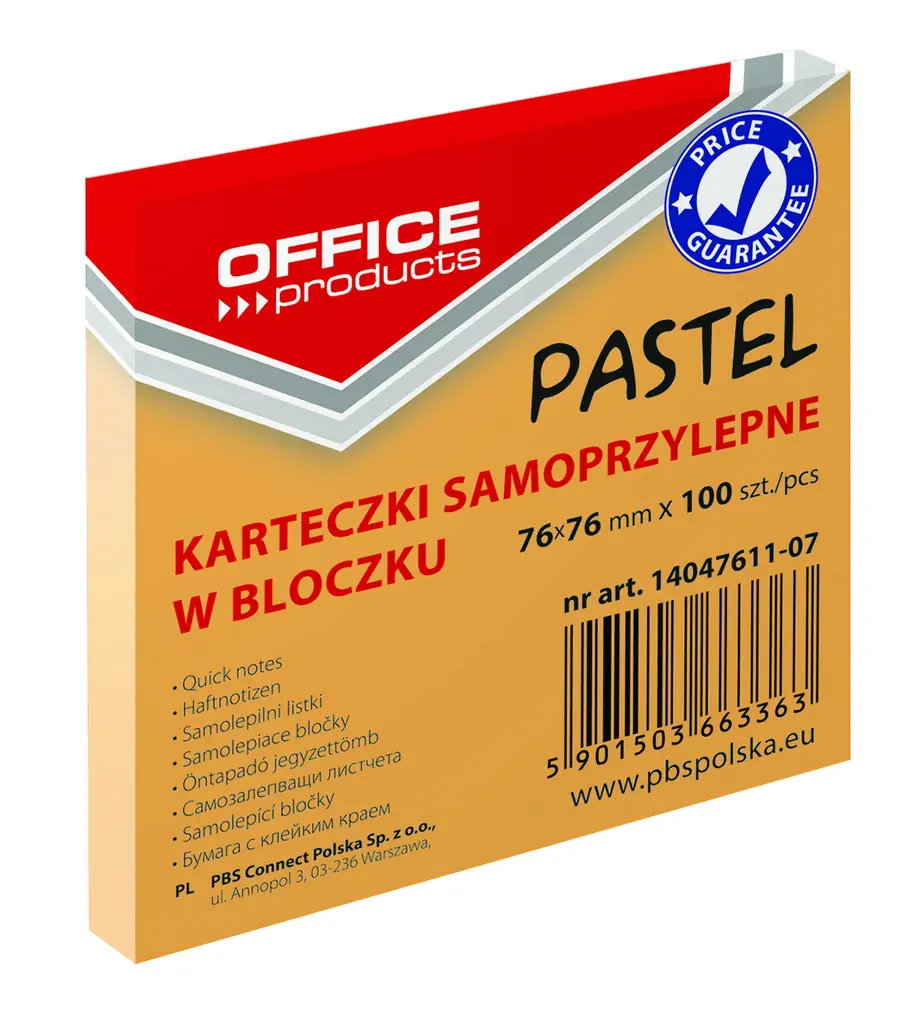Blok samoljepljivi  76x76mm 100 listova Office products pastel narančasti